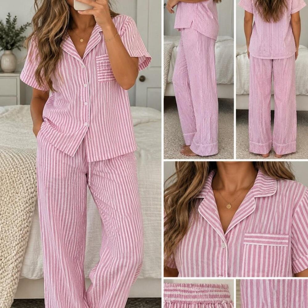 Morgan Lane Cotton Pink & White Striped Pajama Set – Size S 🎀